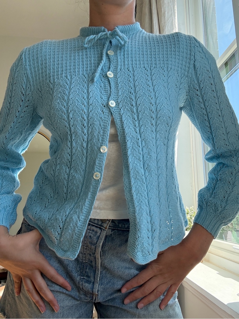 Vintage 1960s Baby Blue Handmade Knit Cardigan Cottagecore Puff Sleeve Bow